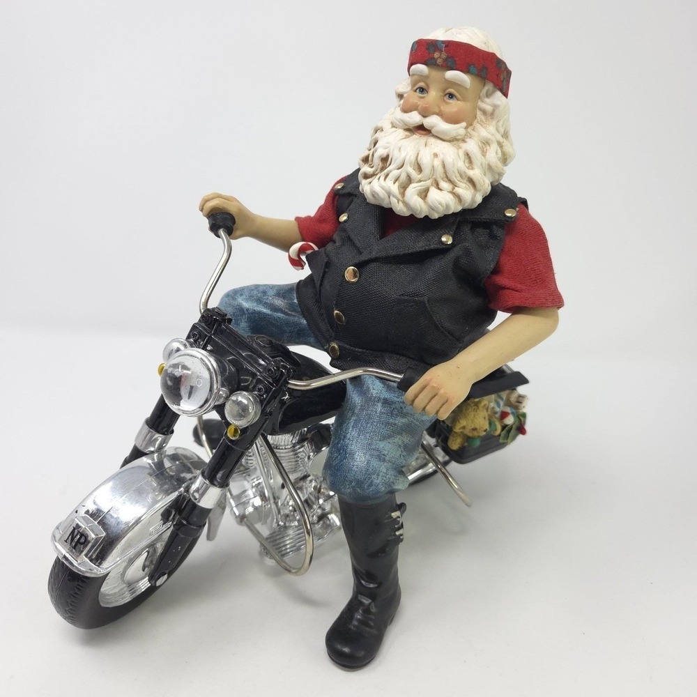 Biker Santa‎ Claus on Motorcycle Figurine North Pole MC Christmas Decor 8 inch